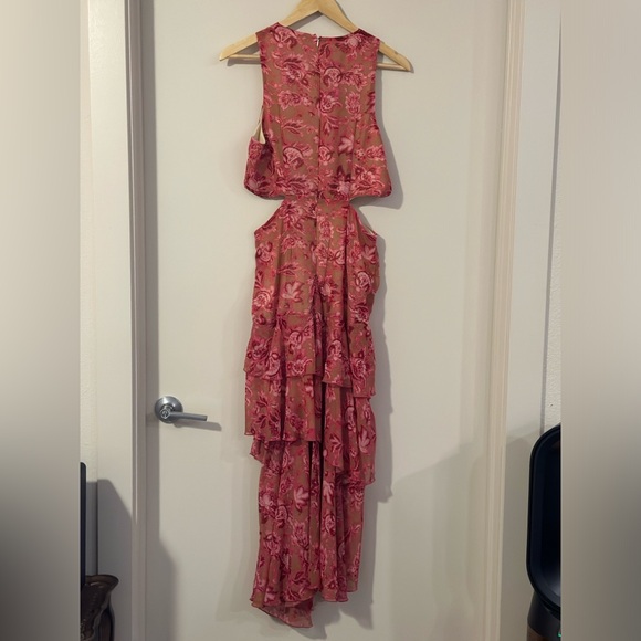 Large Summer Dress Random Floral Print Ring Linked Cut Out Layered Hem Chiffon - Picture 6 of 9